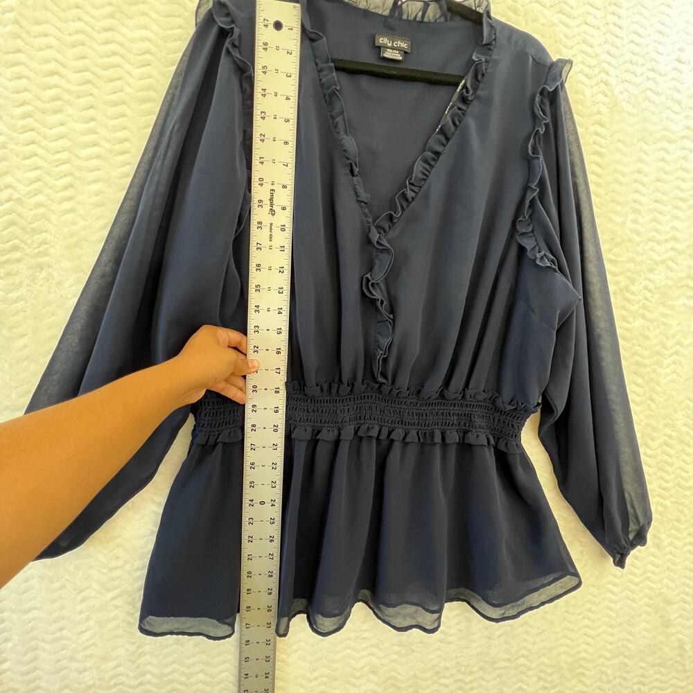 City Chic Blue Peplum Flowy Sheer Long Sleeve V Neck Blouse Top Womens Sz XXL 24 - Picture 9 of 11